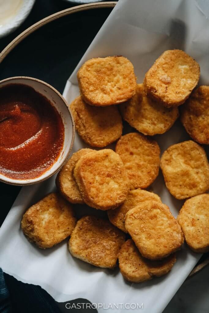 Close-up photo of meaty, crispy vegan chicken nuggets