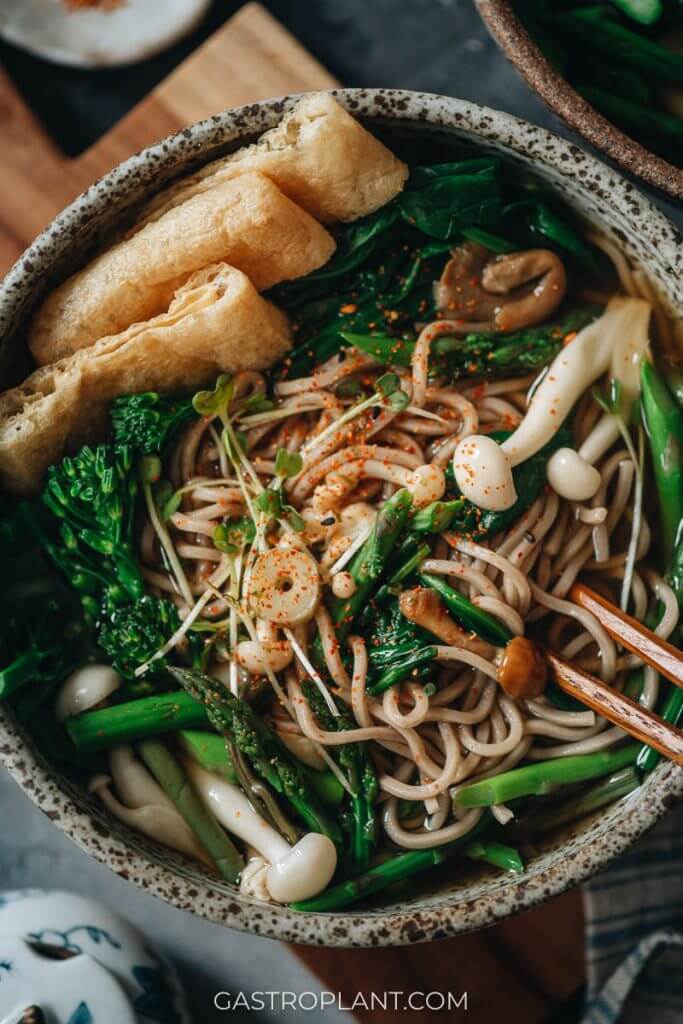 Close-up photo of vegan Japanese soba noodle soup