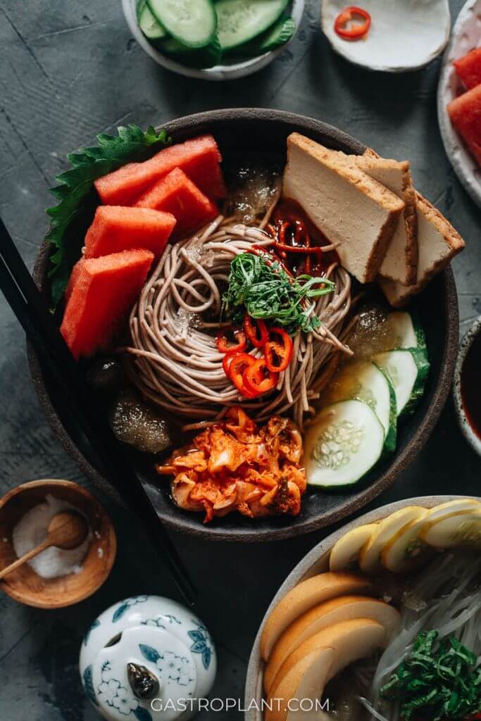 Plant-based mul naengmyeon Korean chilled noodles with watermelon and tofu