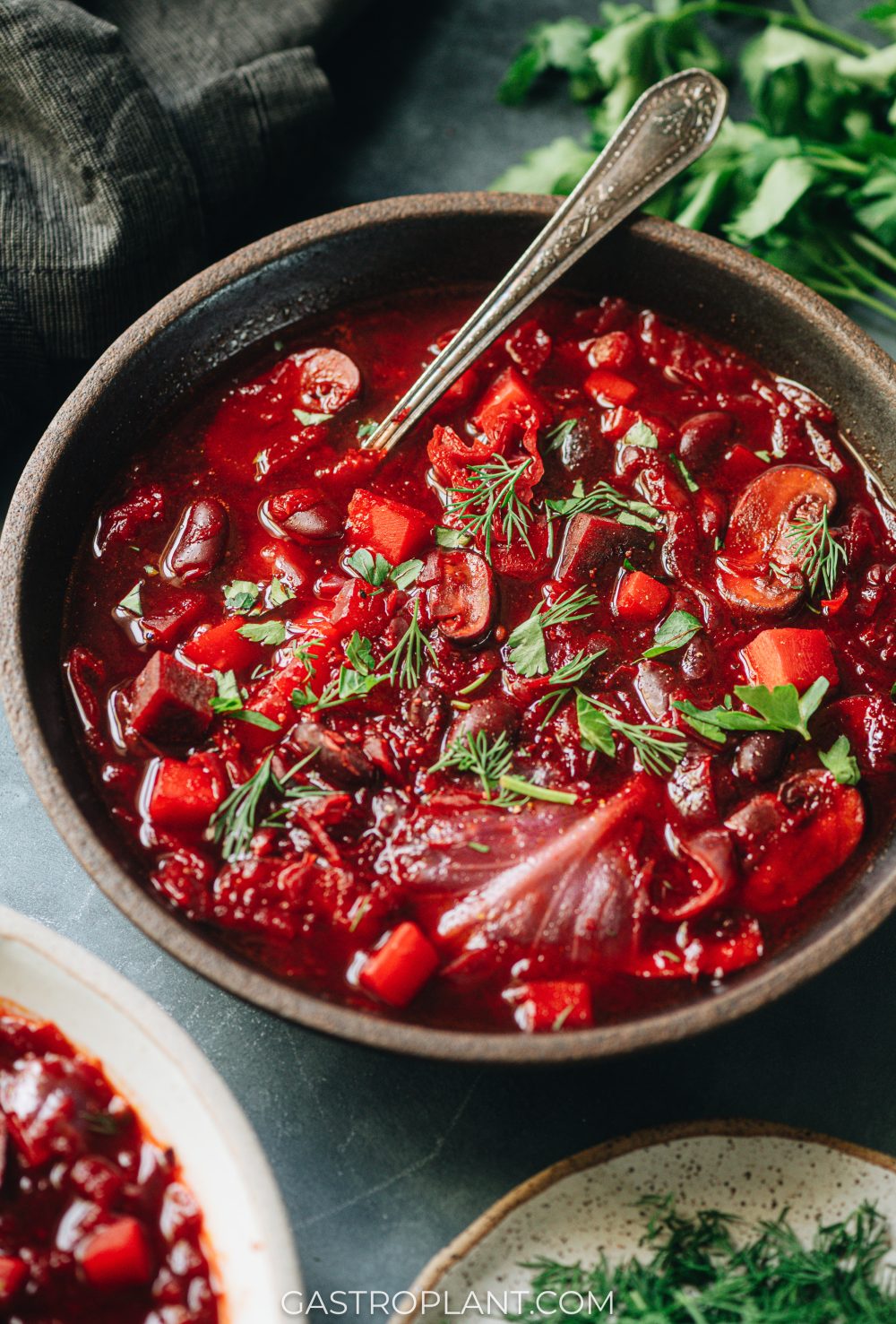 A comforting bowl of vegan red beet soup with cabbage, potato, beans, mushrooms, and more