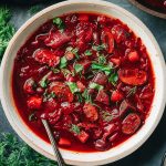 Square photo of red beet vegan borscht soup with green herbs sprinkled on top