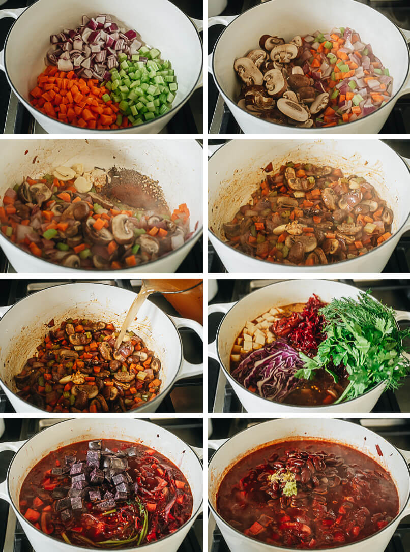 Cooking process for vegan red beet soup, sauté onion, celery, carrot, mushroom, parsnip