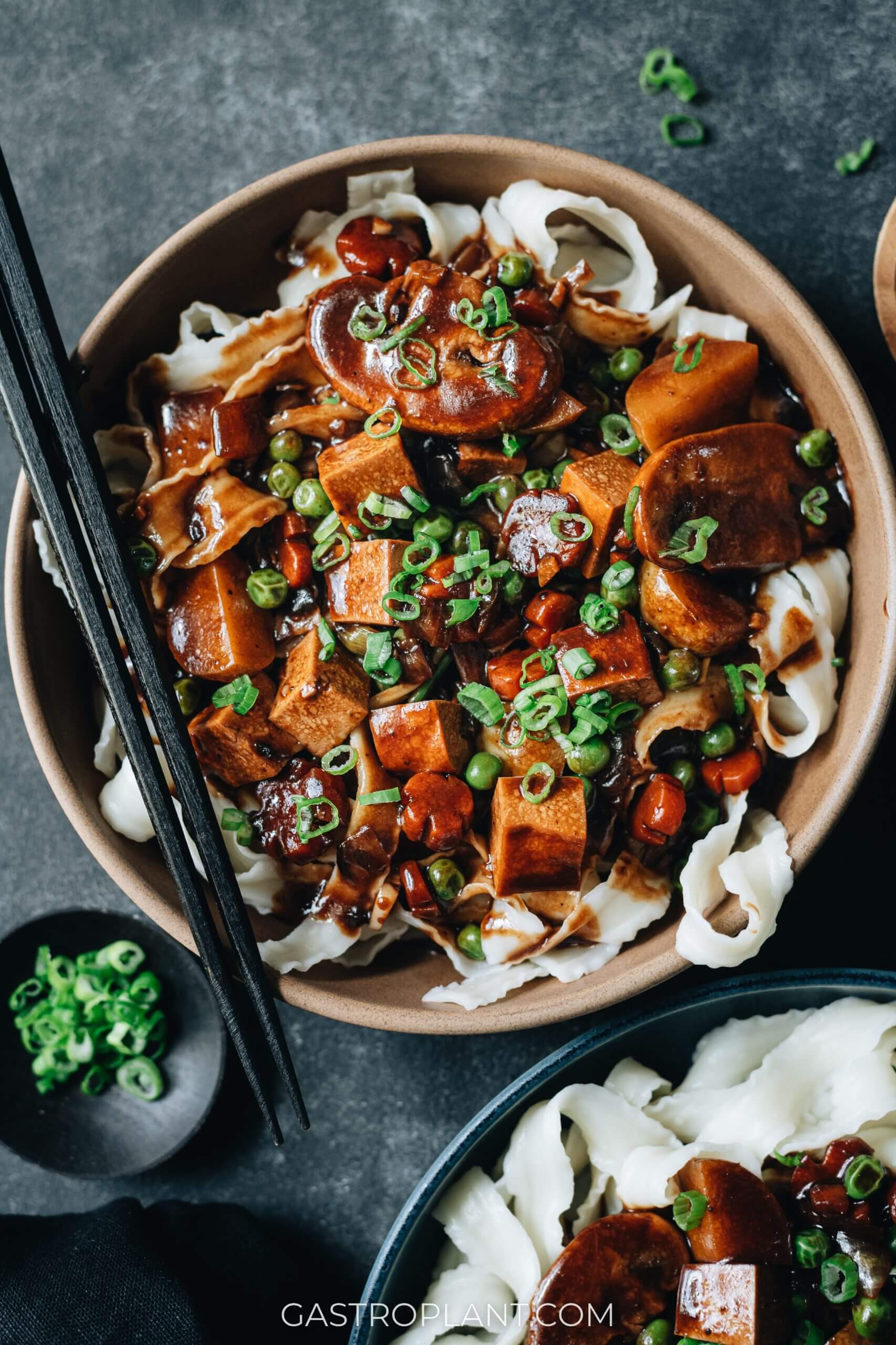 Vegan jajangmyeon Korean black bean sauce noodles with mushroom, tofu, potato and huge umami