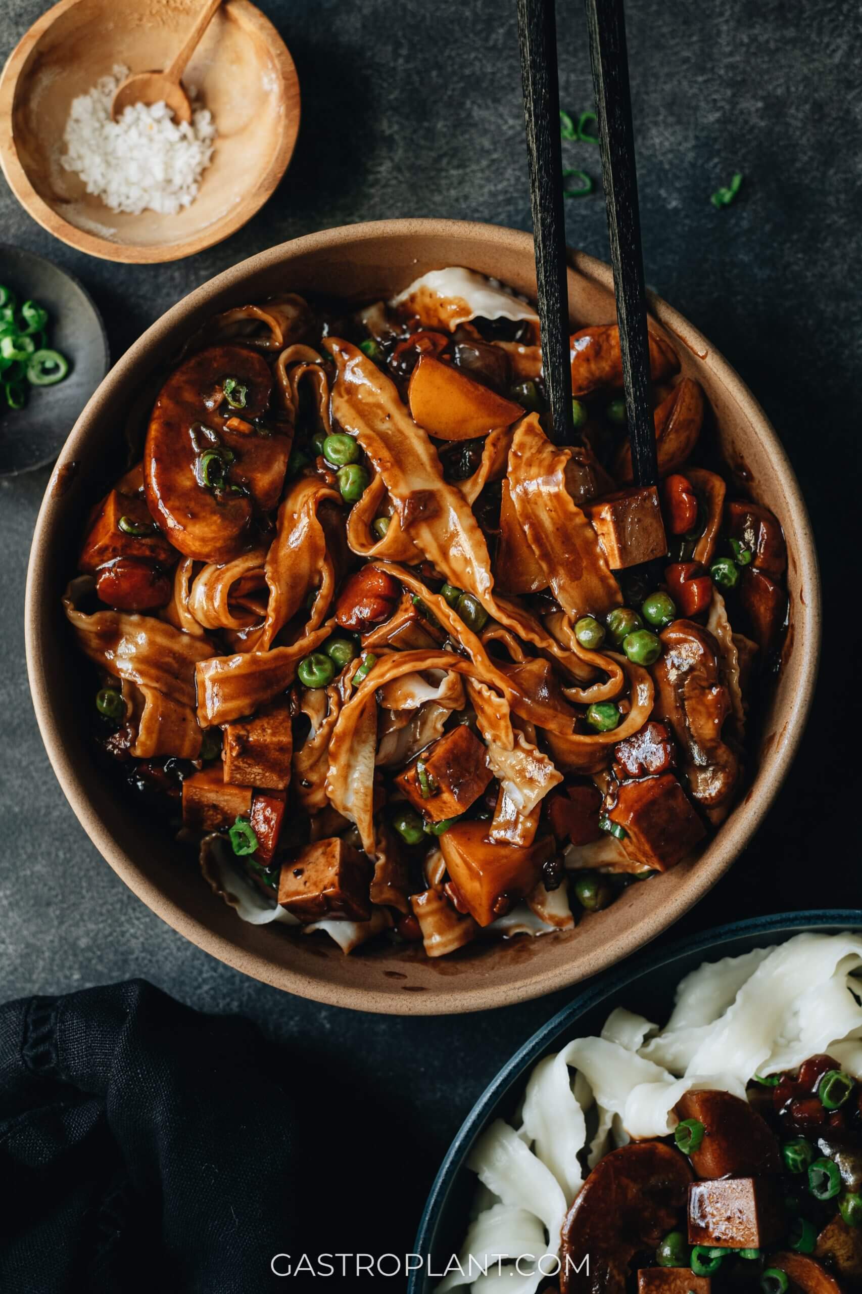 Korean jajangmyeon noodles with fermented black bean sauce and thick fresh noodles with veggies, mushrooms, tofu, and potato